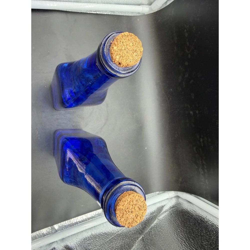 Vintage Cobalt Blue‎ Glass Bottles with Cork Stoppers Square Base Set of 2